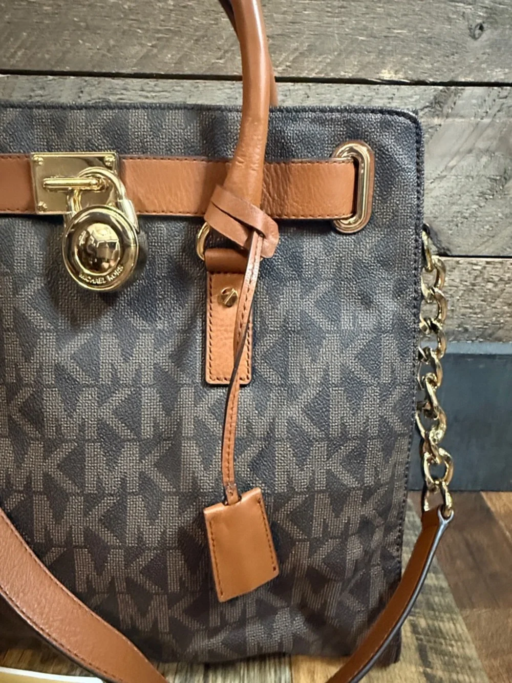 Michael Kors Hamilton Large Tote Brown MK Logo Leather Trim Like New w/ Strap